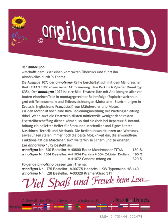 Bautz Mähdrescher TITAN 1300 & Perkins Motoren Typ 6.354 Bild- Bedienungsanleitung & Bild – Ersatzteilliste & Explosionszeichnungen & in drei Sprachen - annoligno 1072